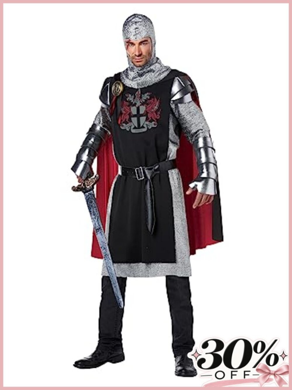 Men's Medieval Knight Costume Tunic Cape Belt Gauntlets L/XL